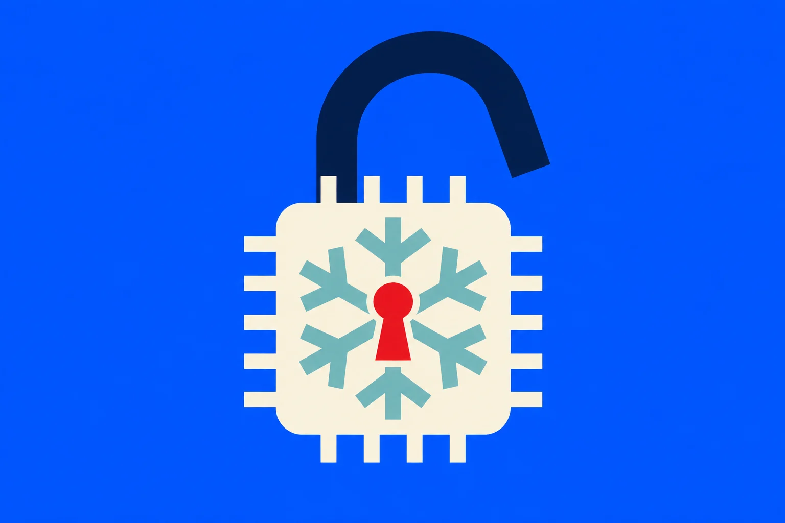 An open padlock shaped like a cream microchip contains a turquoise snowflake and red keyhole against a bright blue background.