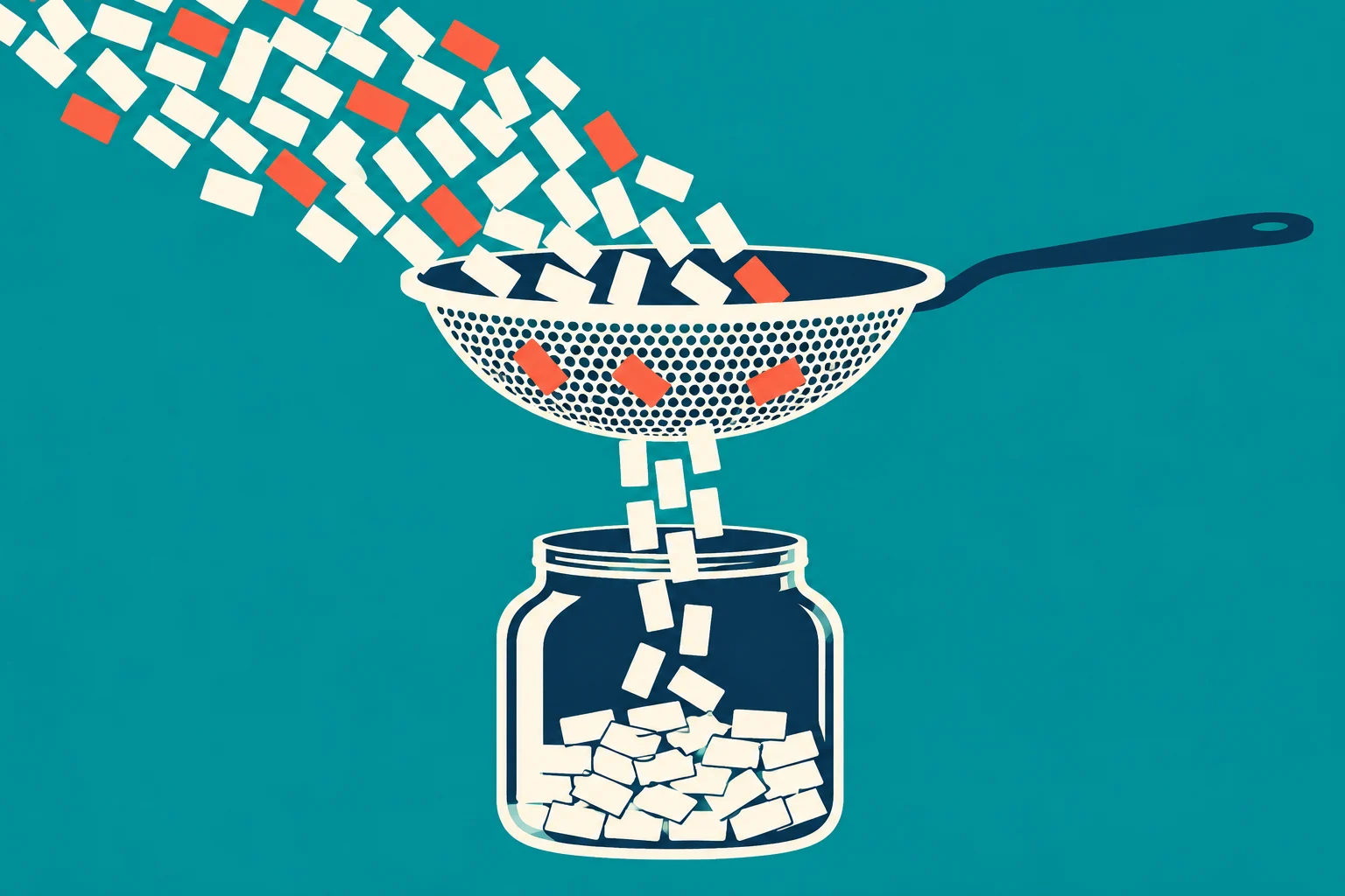 Cream and orange pieces fall into a strainer, which catches the orange pieces while cream pieces pass through into a jar against a teal background.