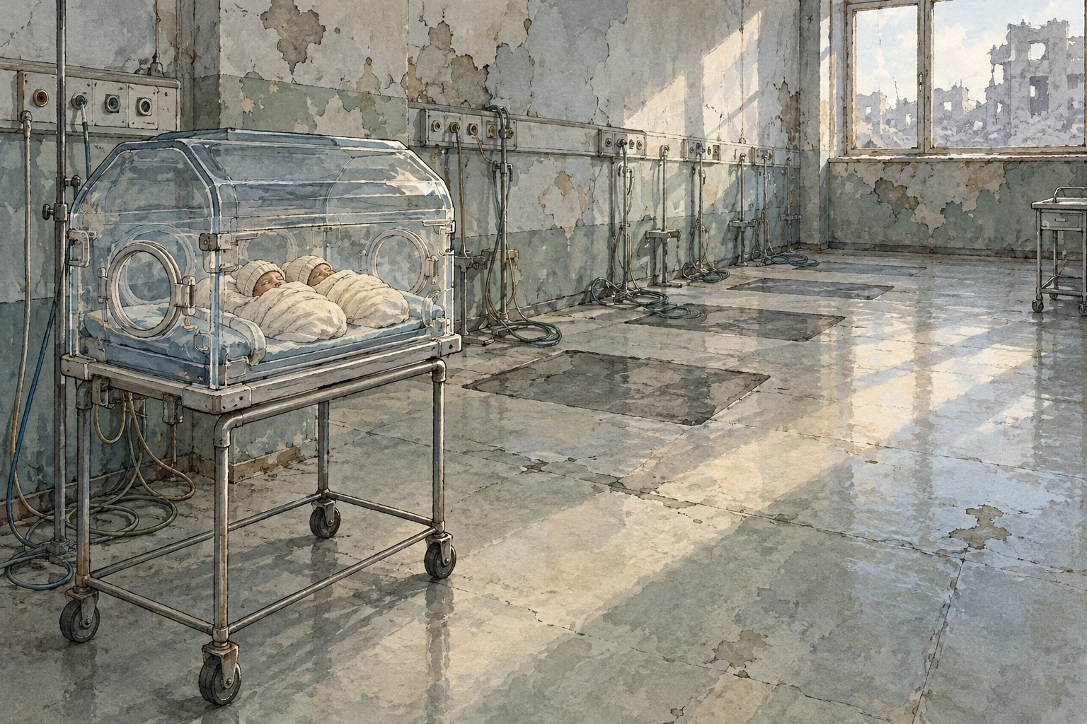 Two swaddled newborns lie in an incubator in a dilapidated hospital room, with peeling walls, empty equipment stations, and ruined buildings visible through a window.