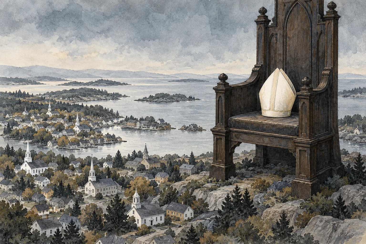 A giant wooden throne holding a bishop’s mitre overlooks a coastal town dotted with churches, wooded islands, and distant mountains beneath a cloudy sky.