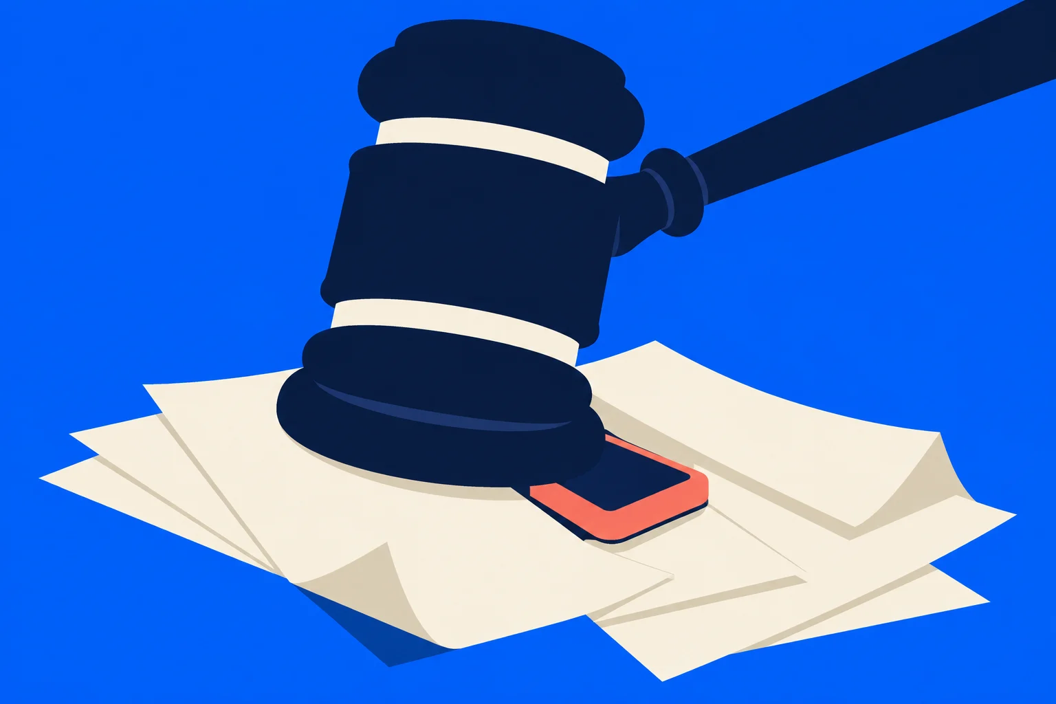A dark blue judge’s gavel rests on scattered cream papers beside a partially covered red smartphone against a bright blue background.