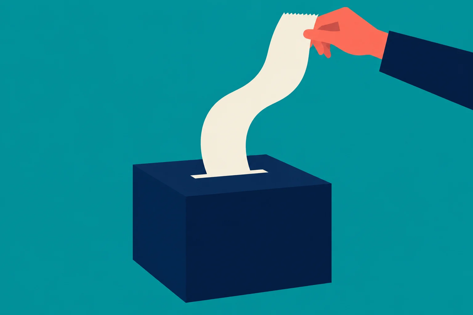 A hand holds a long, blank strip of paper extending from a dark blue box against a teal background.