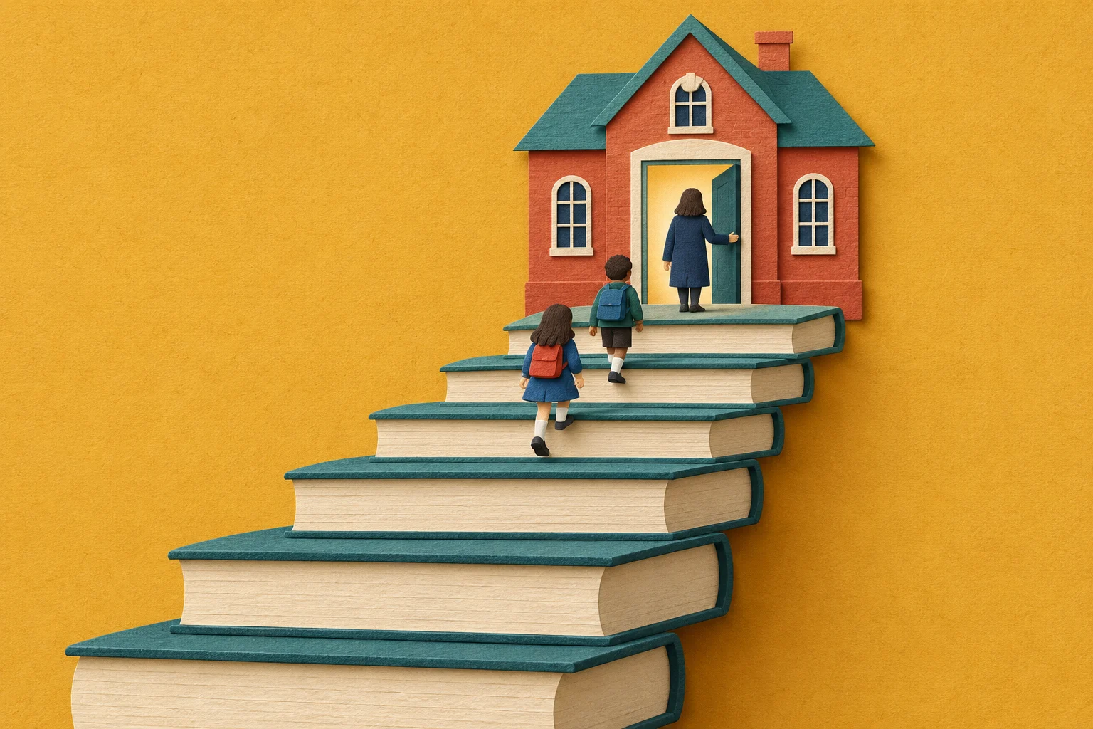 Two children with backpacks climb a staircase of oversized books toward a red schoolhouse, where an adult holds open a glowing doorway against a golden background.