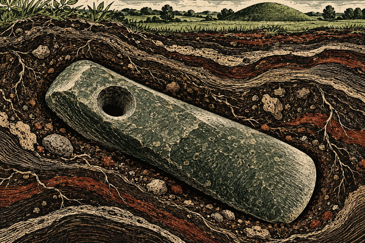 A vintage-style cutaway illustration shows a large polished stone axe head buried among layered soil, rocks, and roots beneath a grassy landscape with a distant mound.
