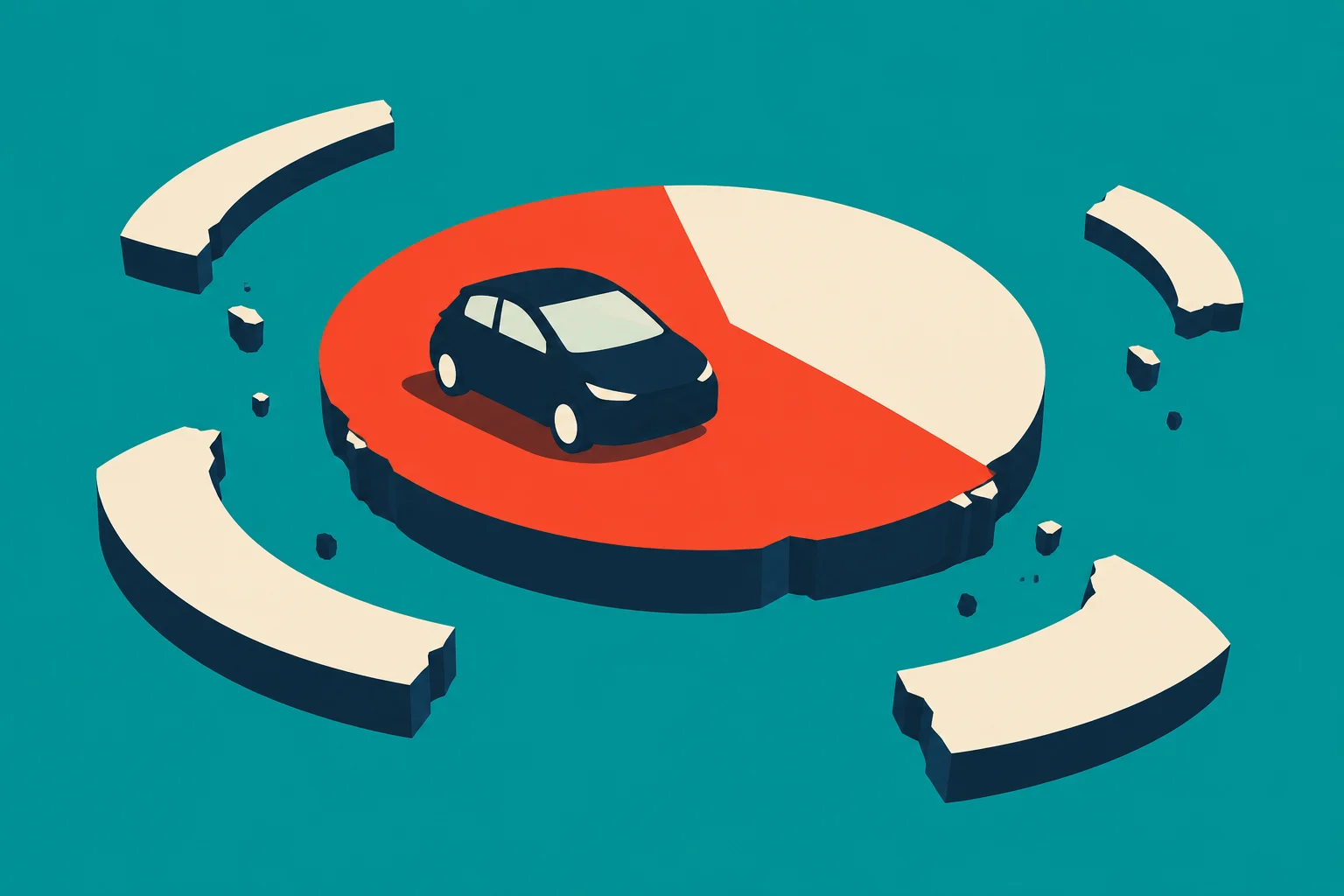 A dark blue car sits on a red and cream circular platform surrounded by broken cream arcs and scattered fragments against a teal background.