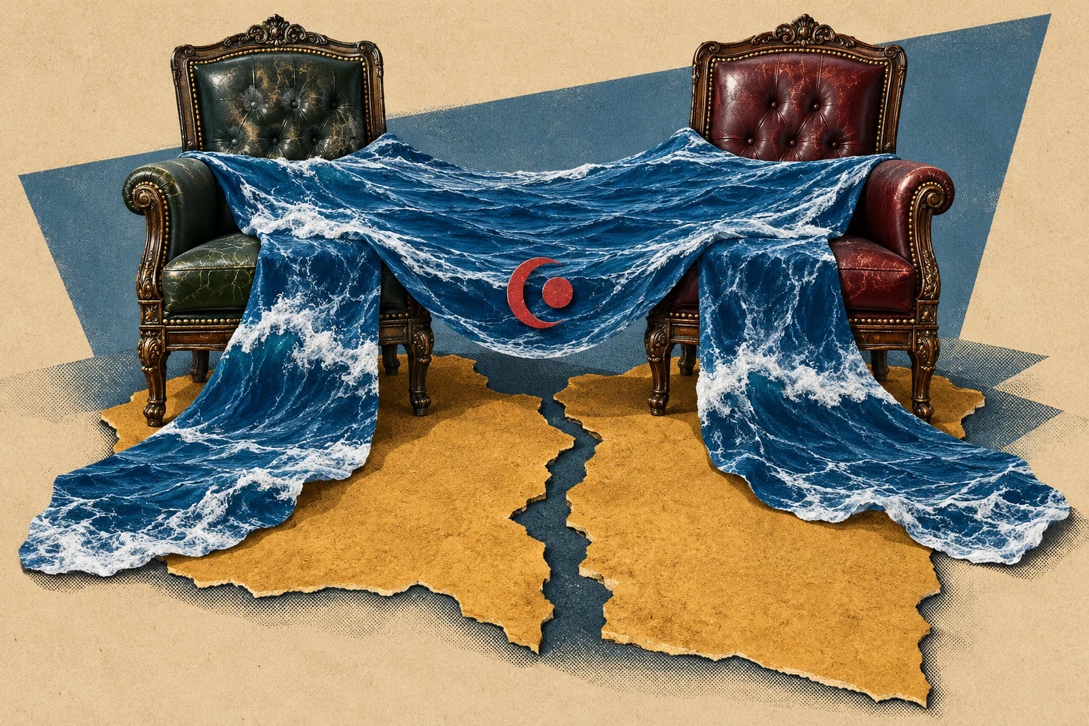 Two ornate armchairs on cracked golden ground are connected by ocean waves draped like fabric, with a red crescent and circle at the center.