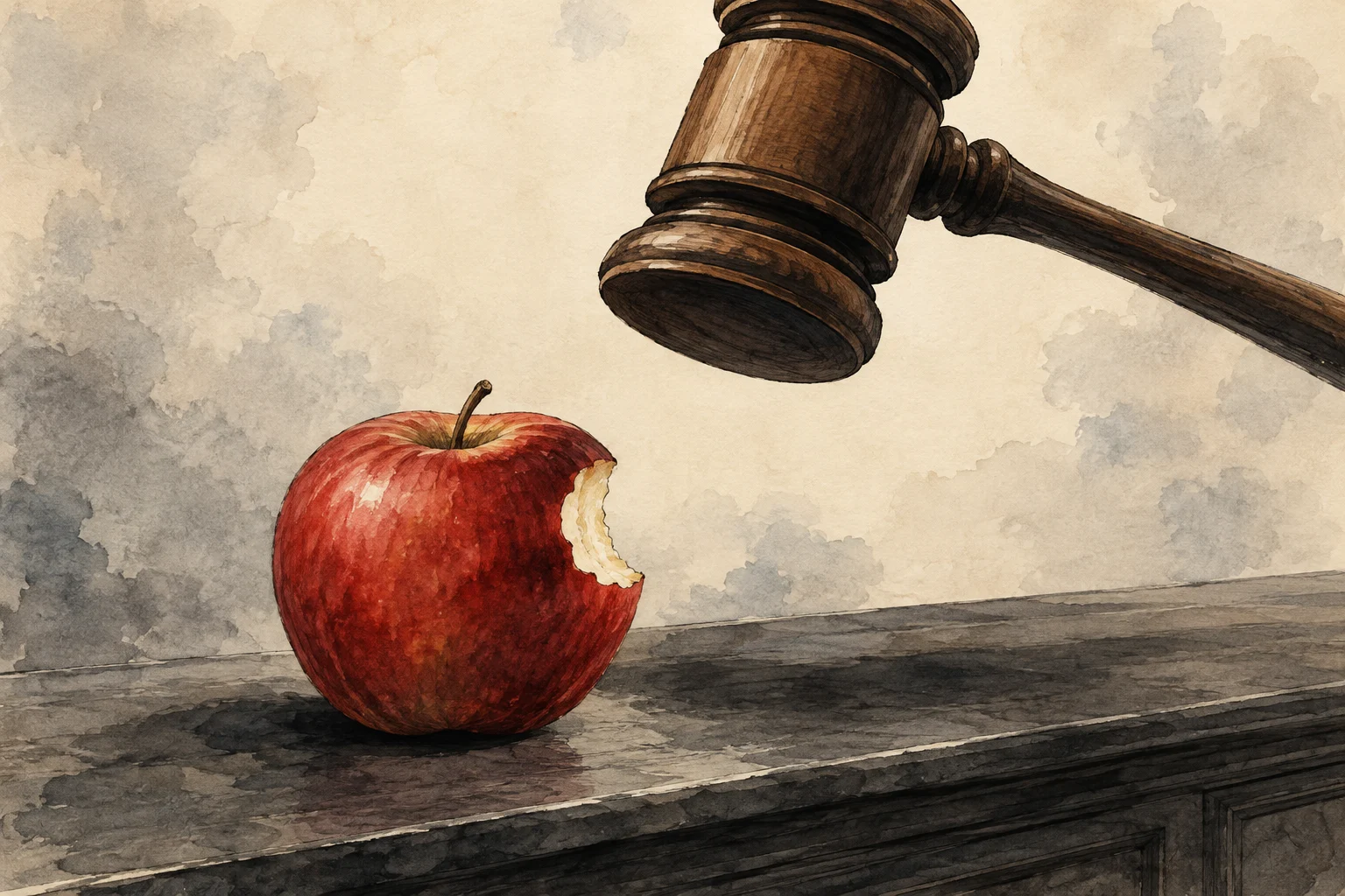 A wooden judge’s gavel hovers above a bitten red apple resting on a dark countertop in a watercolor illustration.