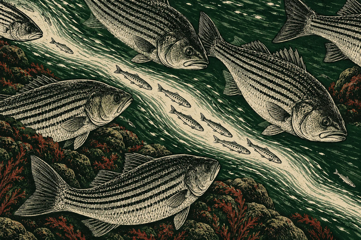 Vintage-style illustration of striped fish swimming among smaller fish in dark green water above rocks and red seaweed.