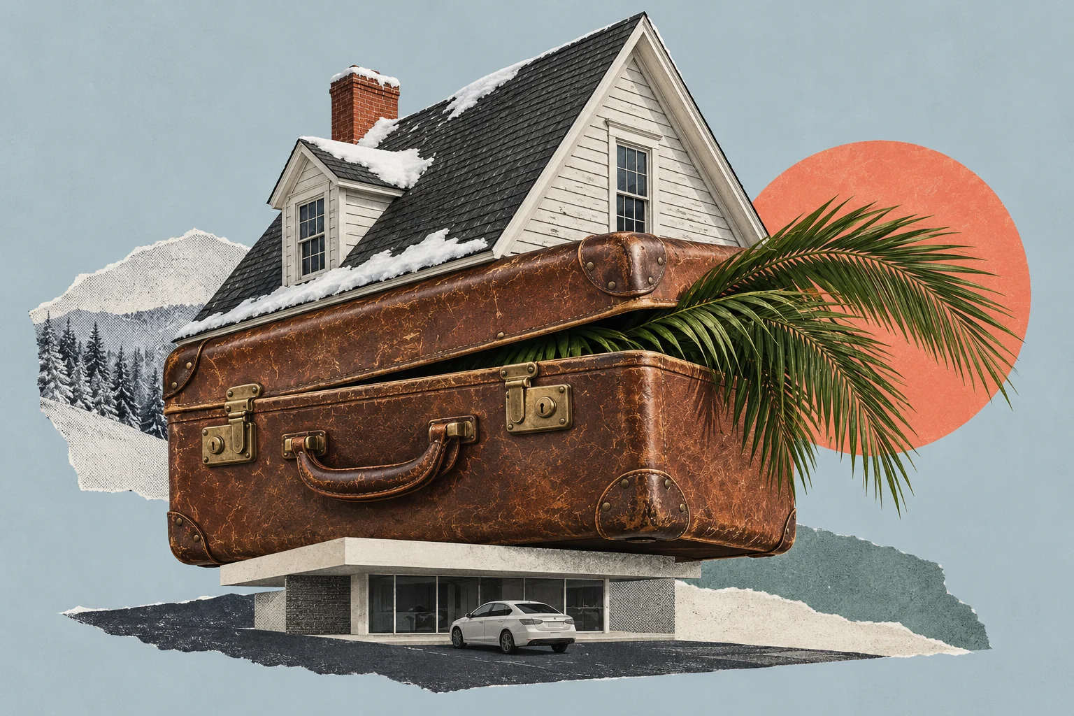 A surreal collage combines a snowy house, an oversized vintage suitcase spilling palm fronds, an orange sun, snowy mountains, and a modern building with a car.