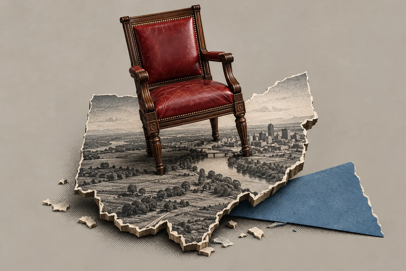 An antique wooden armchair with cracked red leather upholstery stands on a torn black-and-white city photograph, with blue paper underneath on a beige background.