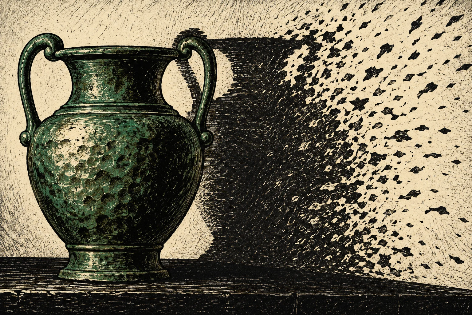 A green, two-handled antique vase stands on a dark surface, casting a large shadow that breaks into scattered fragments across a textured beige wall.