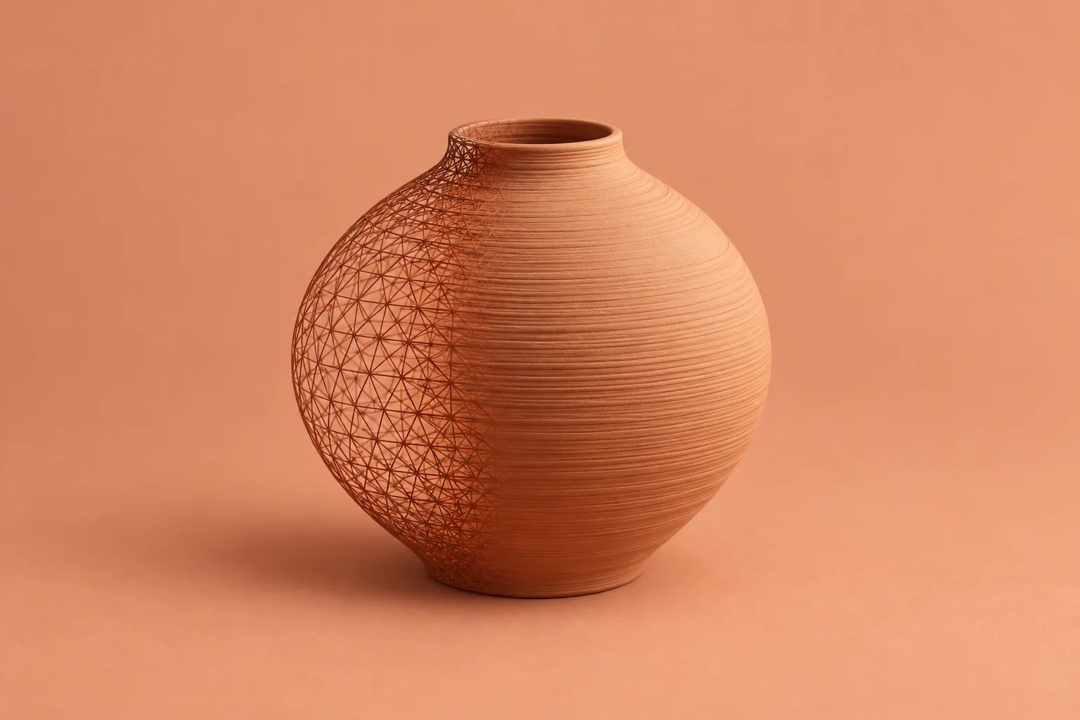 A round terracotta vase with horizontal ridges transitions into an open triangular wire lattice on its left side against a peach background.