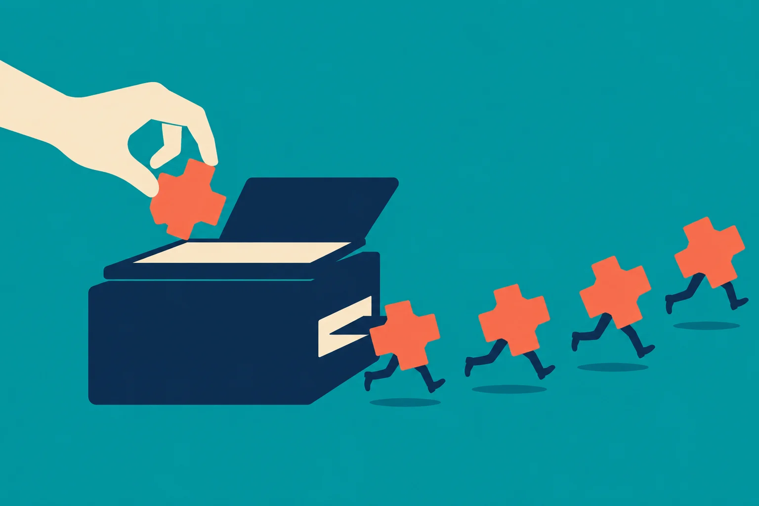 A hand places an orange puzzle piece into a photocopier while four orange puzzle pieces with legs run away against a teal background.