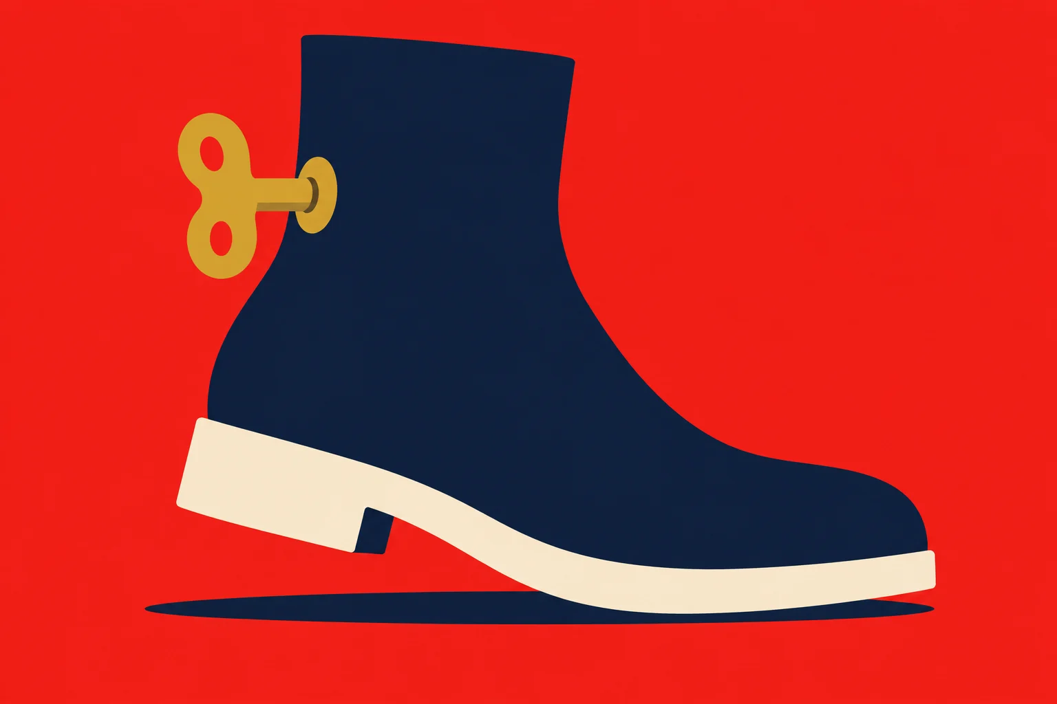 A navy blue boot with a cream sole and gold wind-up key stands above an oval shadow on a bright red background.