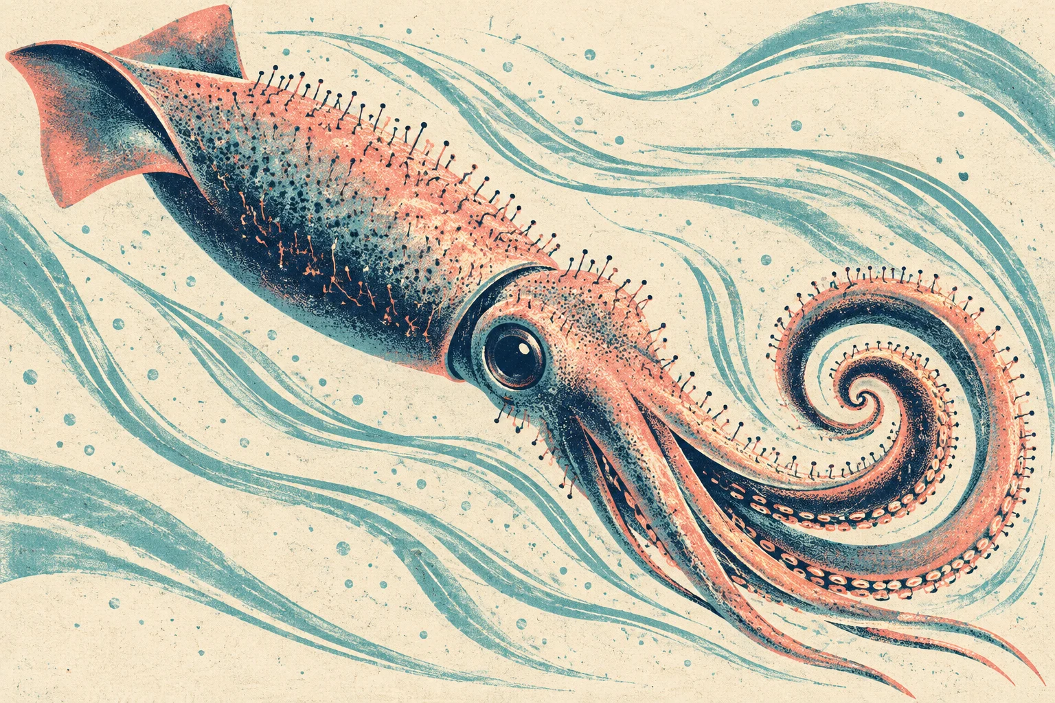 A textured coral and navy squid with curling tentacles swims through flowing turquoise currents on a cream background.