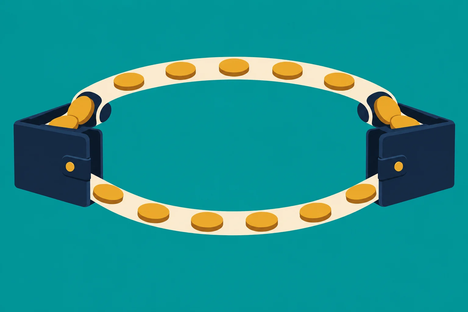 Two navy wallets connected by an oval cream loop lined with gold coins against a teal background.