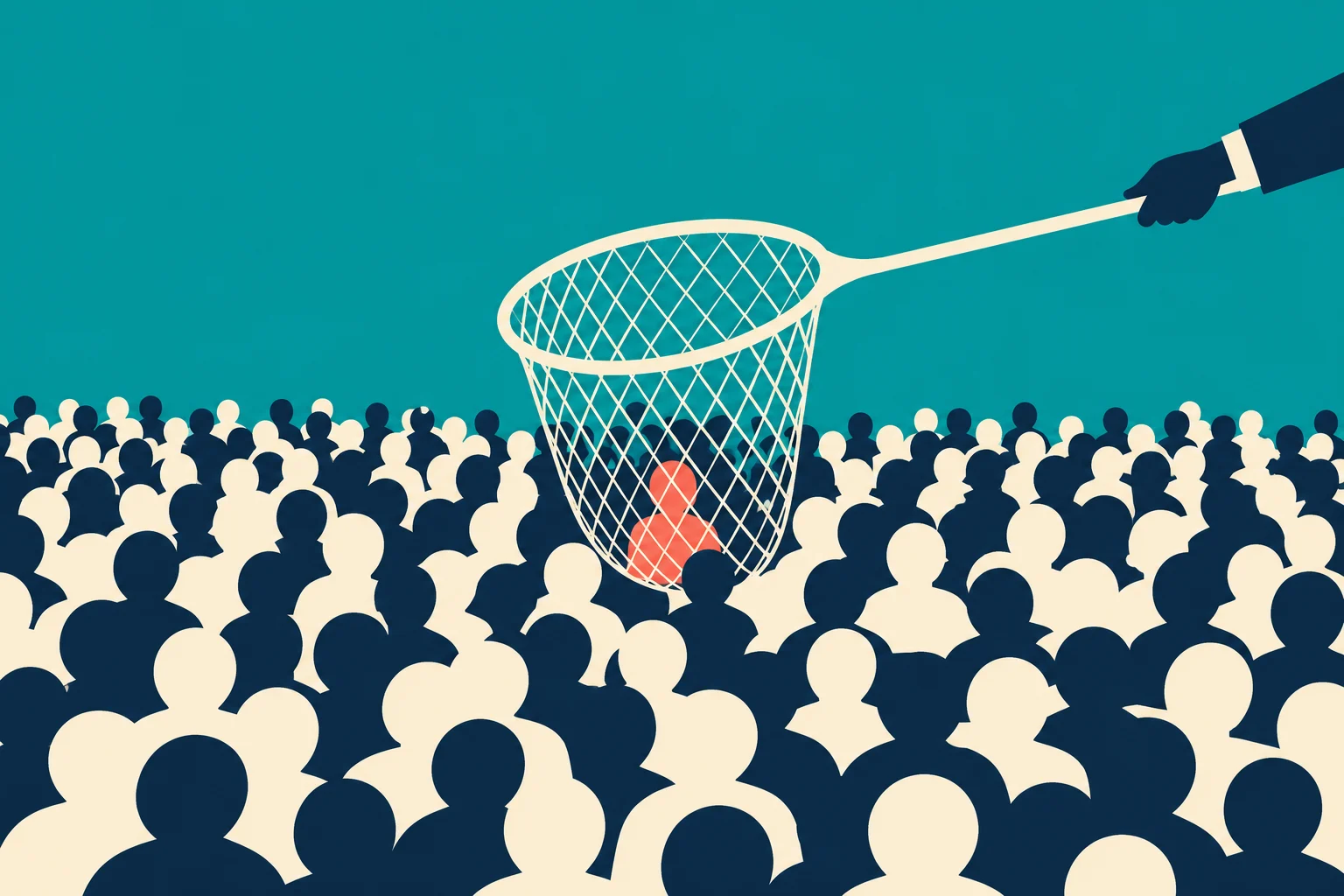 A gloved hand holds a large net over a crowd, singling out one orange person among cream and navy silhouettes against a teal background.