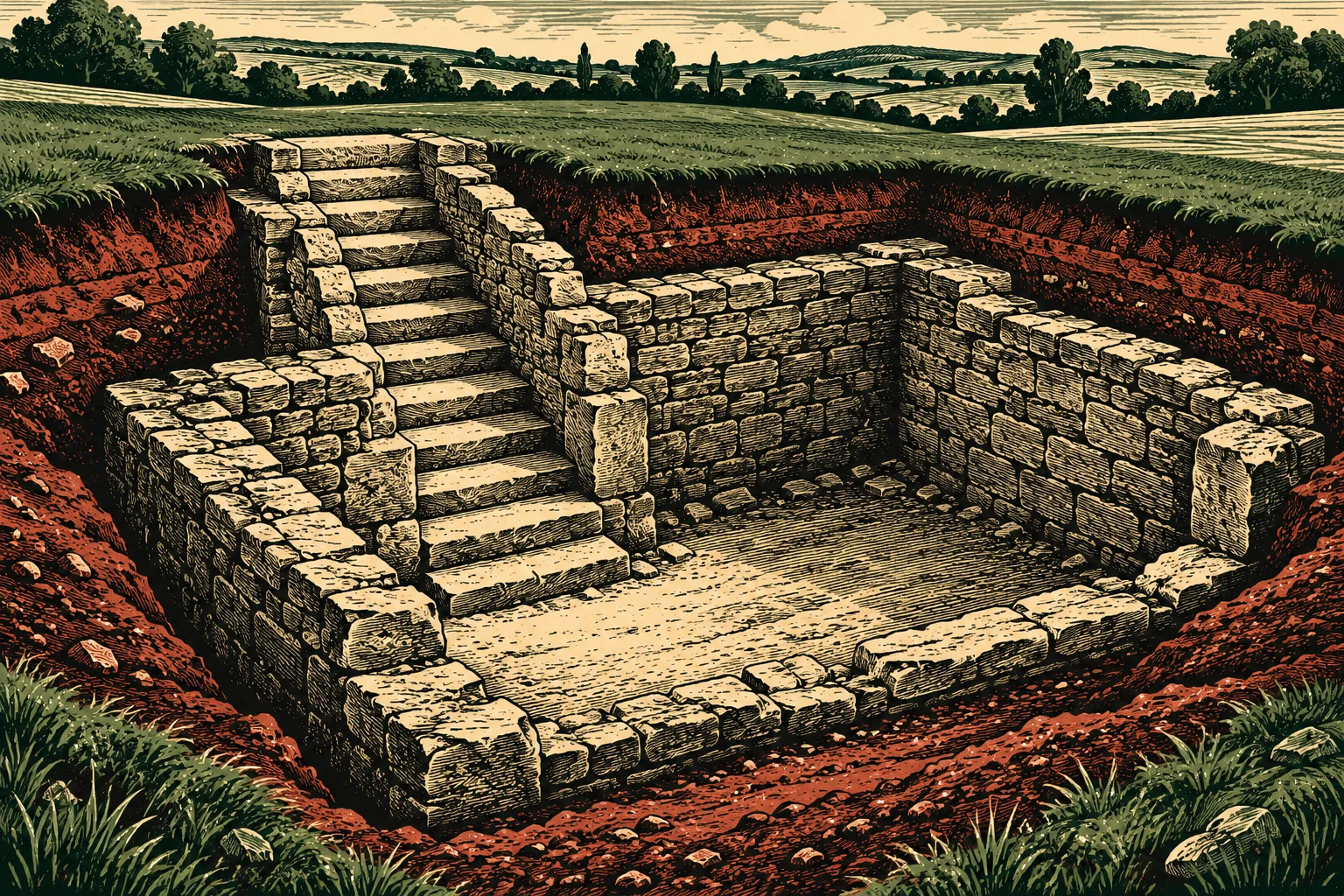 An illustration shows an excavated rectangular stone chamber with stairs descending into it, surrounded by reddish soil, grass, trees, and rolling countryside.