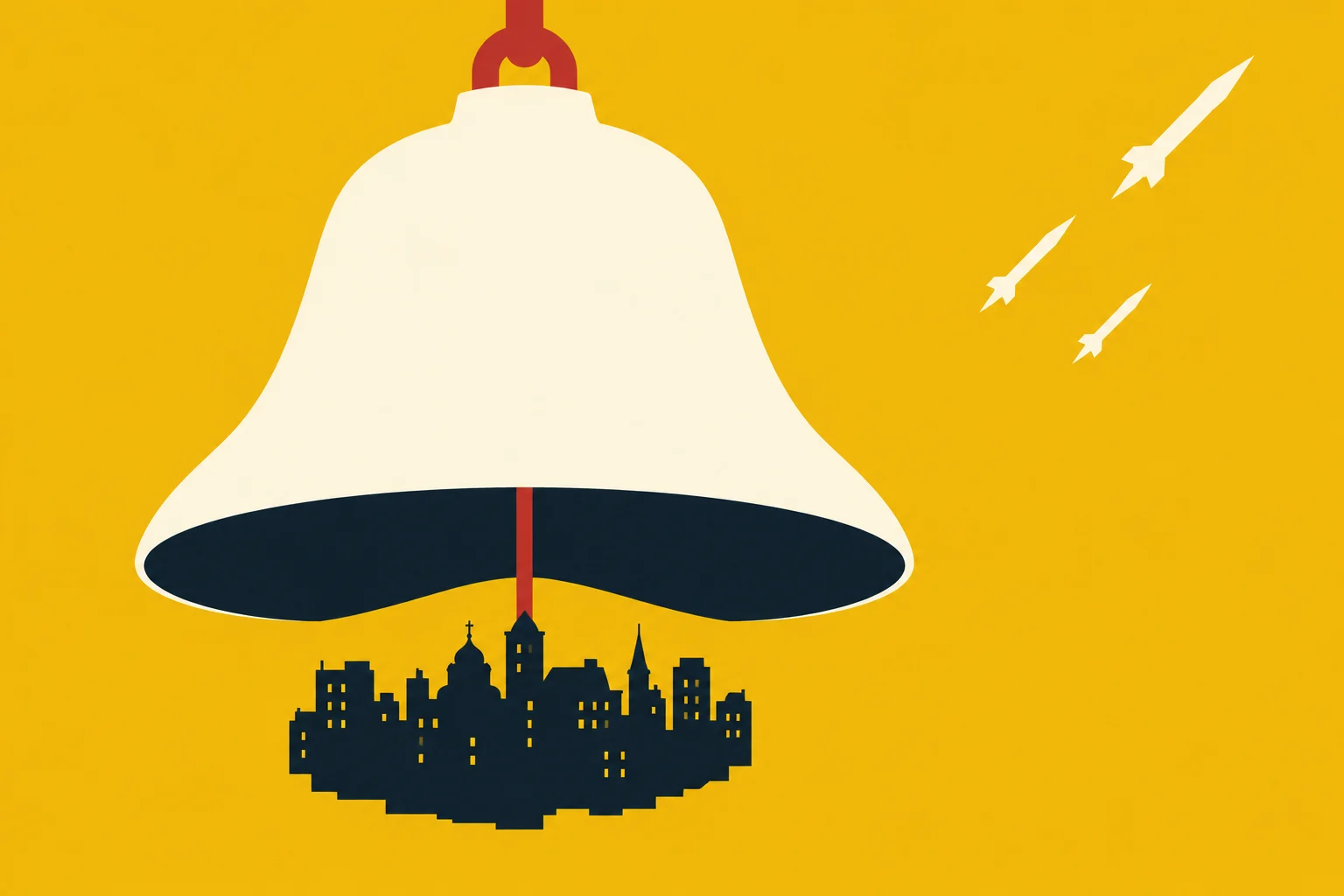 A large cream bell with a red clapper hangs above a dark city skyline against a yellow background, with three white missiles pointing upward.