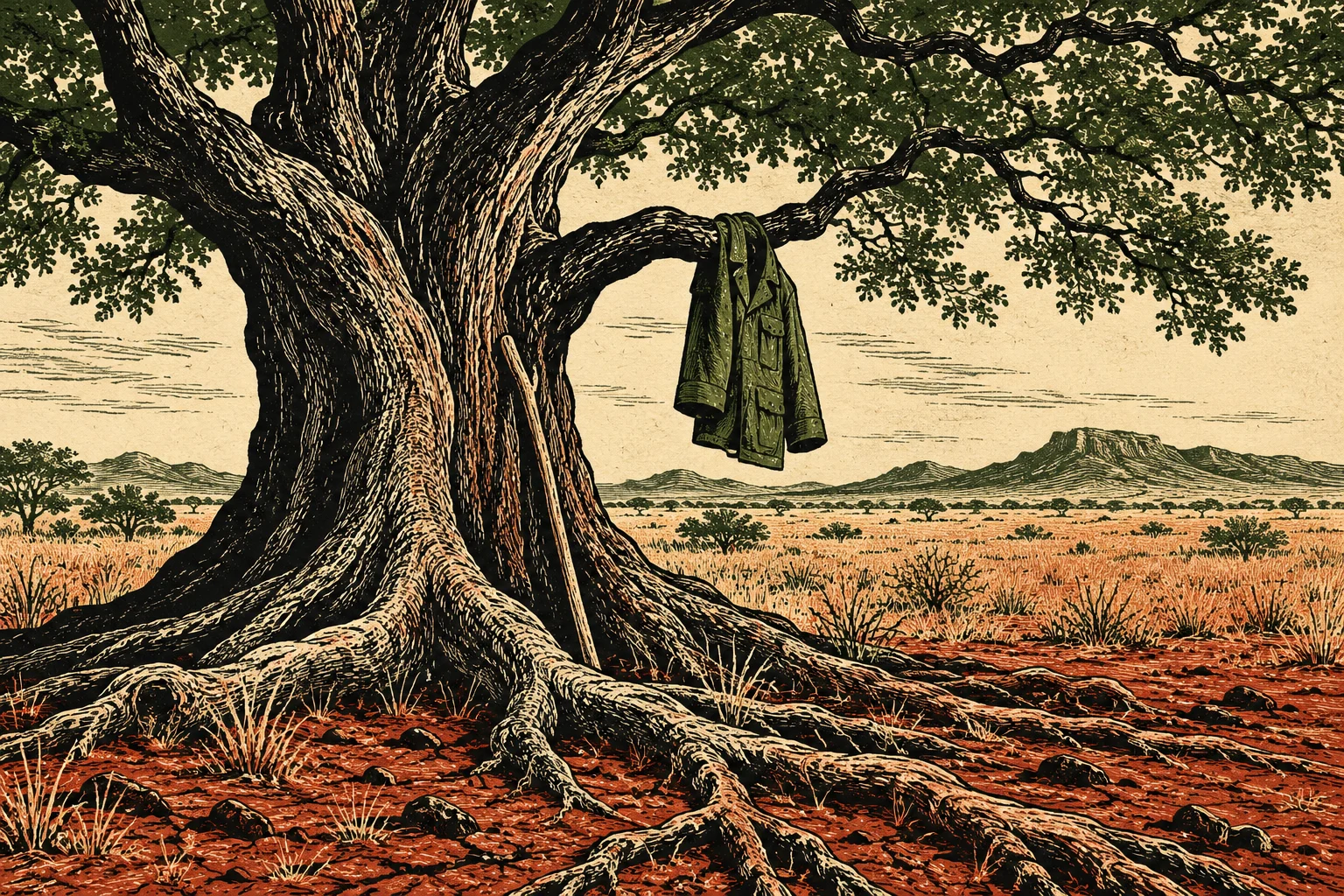 A woodcut-style scene shows a massive tree with sprawling roots, a green jacket hanging from a branch, and a walking stick against its trunk in dry grassland.