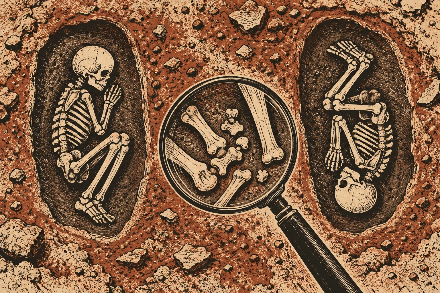 Two skeletons lie curled in oval graves in rocky earth, with a large magnifying glass highlighting scattered bones between them.