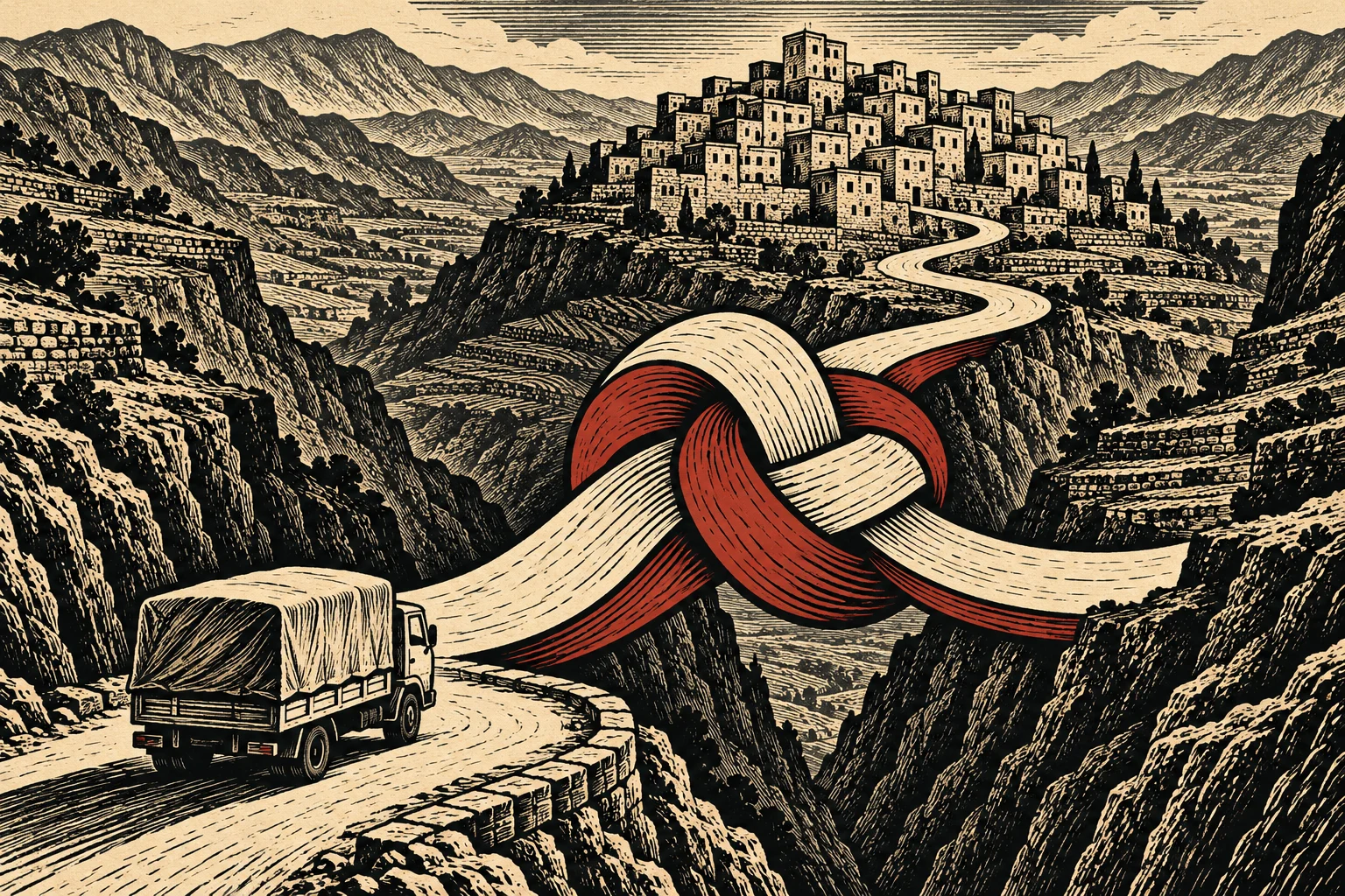 A woodcut-style truck approaches a giant knot in a winding road spanning a rocky canyon beneath a hilltop village.
