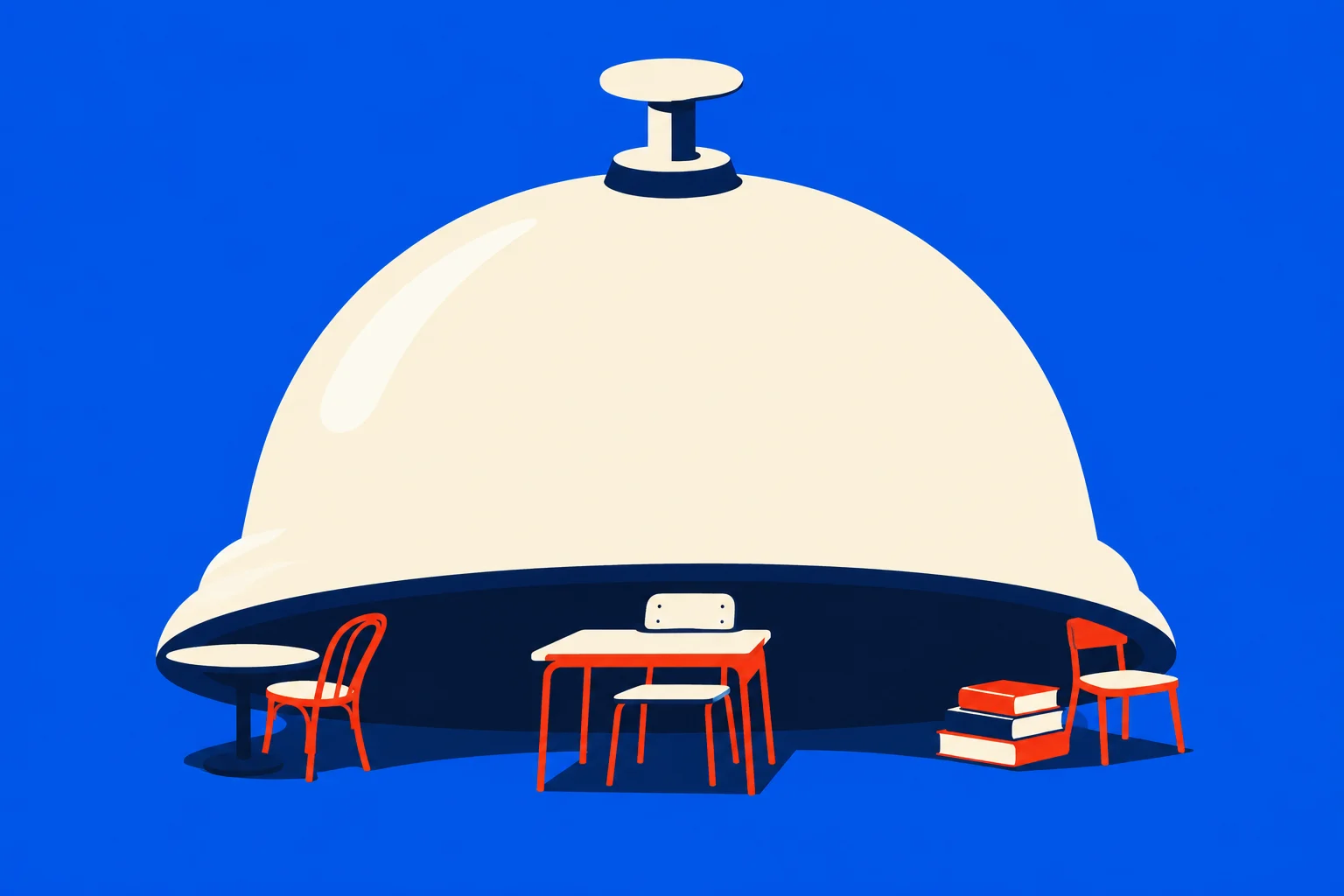 A large cream service bell shelters small tables, red chairs, a desk, and stacked books against a bright blue background.