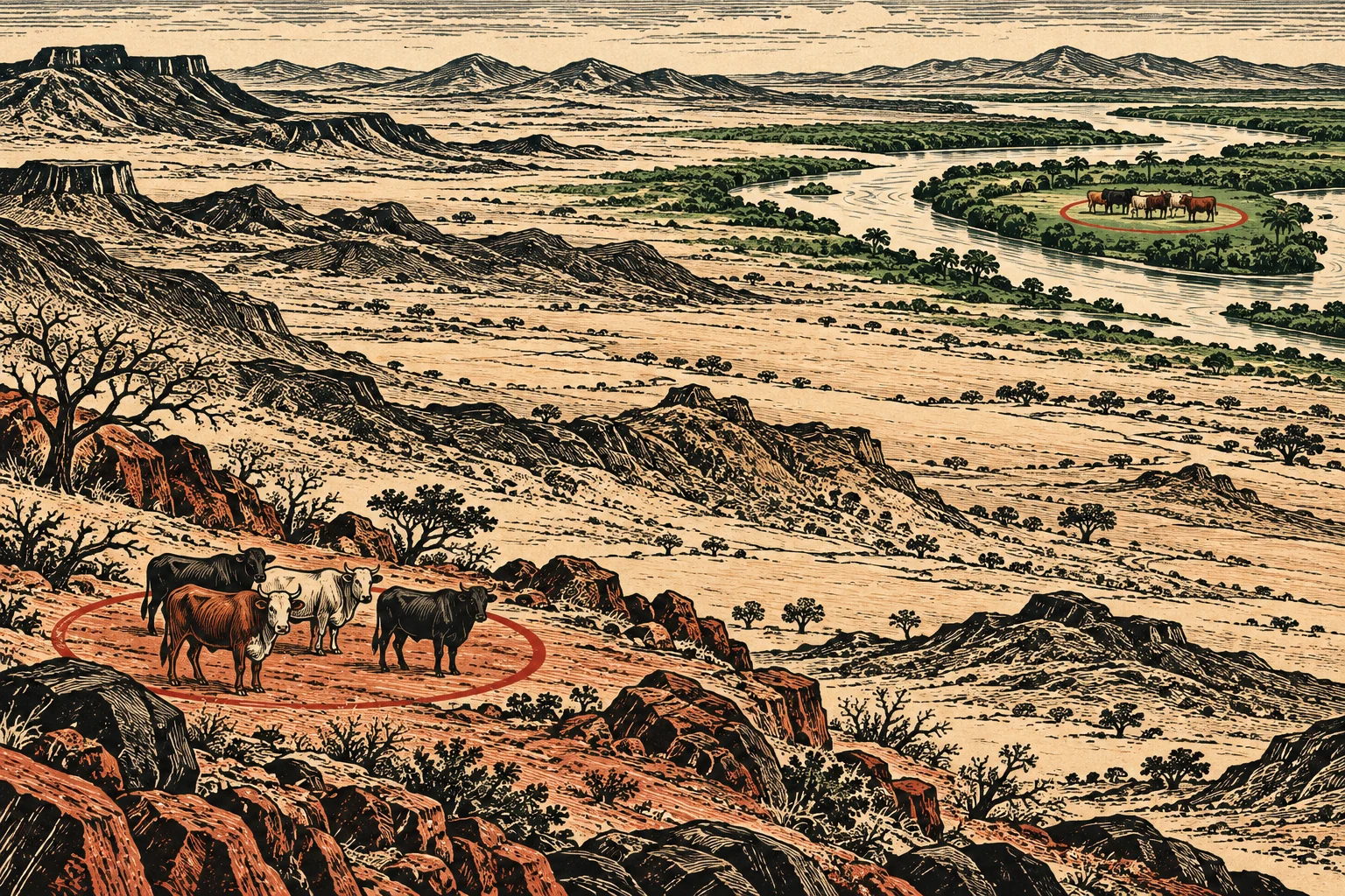 Four cattle stand on rocky desert terrain, while another herd grazes beside a winding river amid green vegetation, with both groups circled in red.