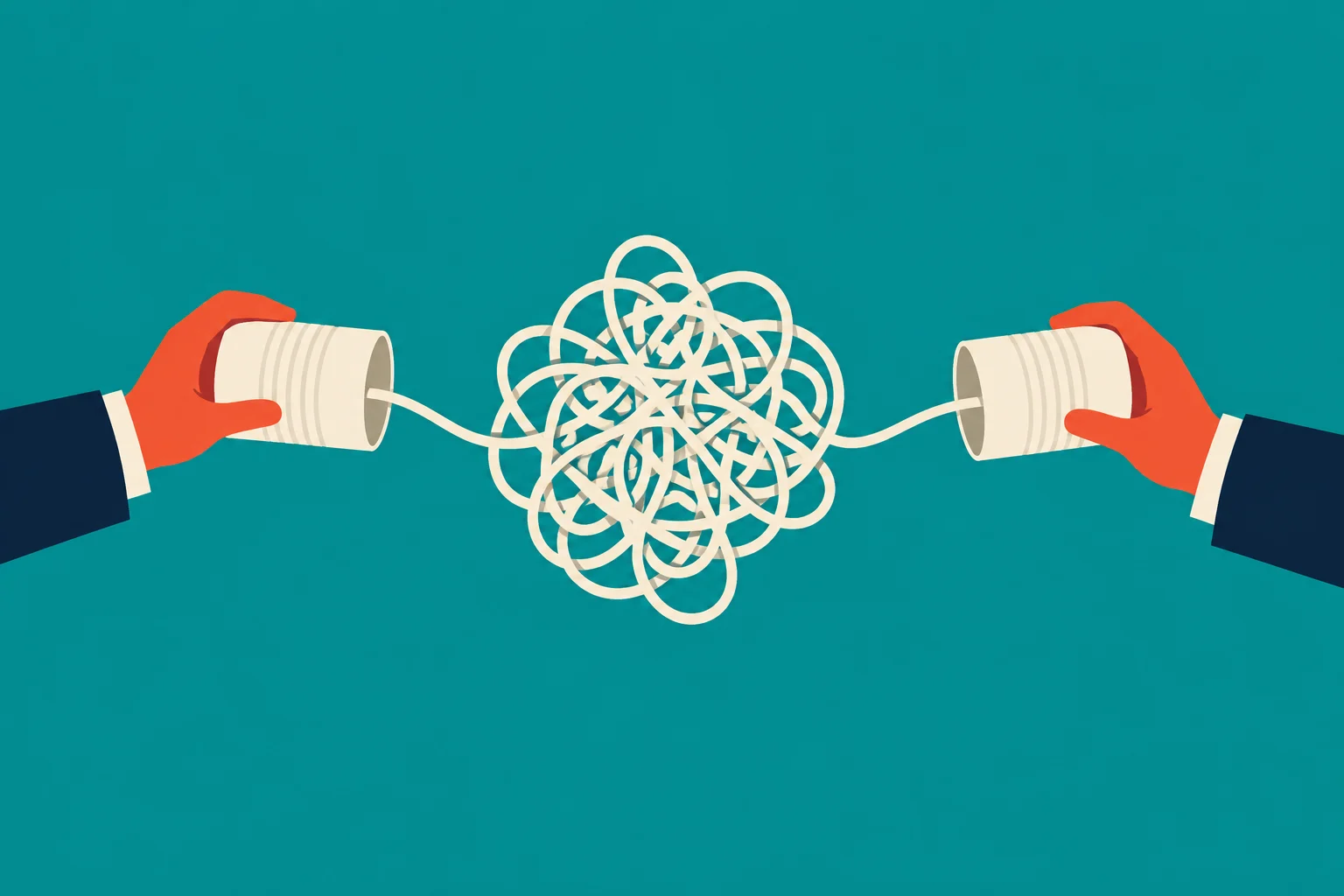 Two hands hold tin cans connected by a cream-colored string tangled into a large knot against a teal background.