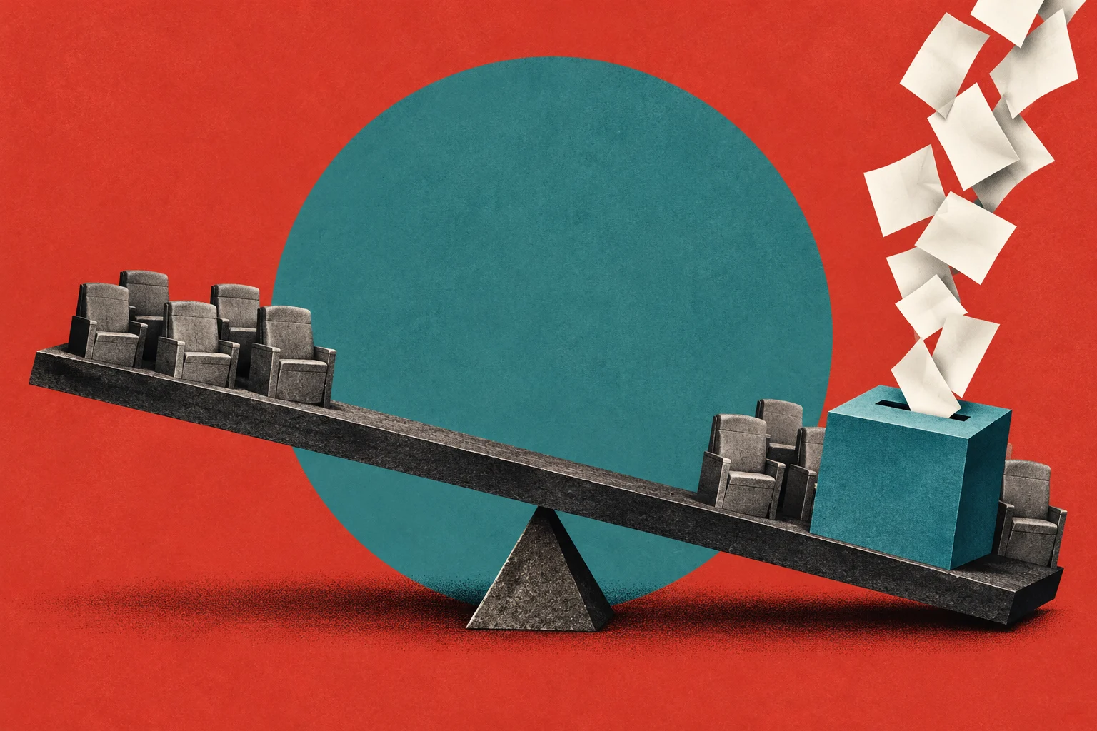 A seesaw carrying rows of empty seats tilts toward a ballot box receiving falling papers, against a red background with a large teal circle.