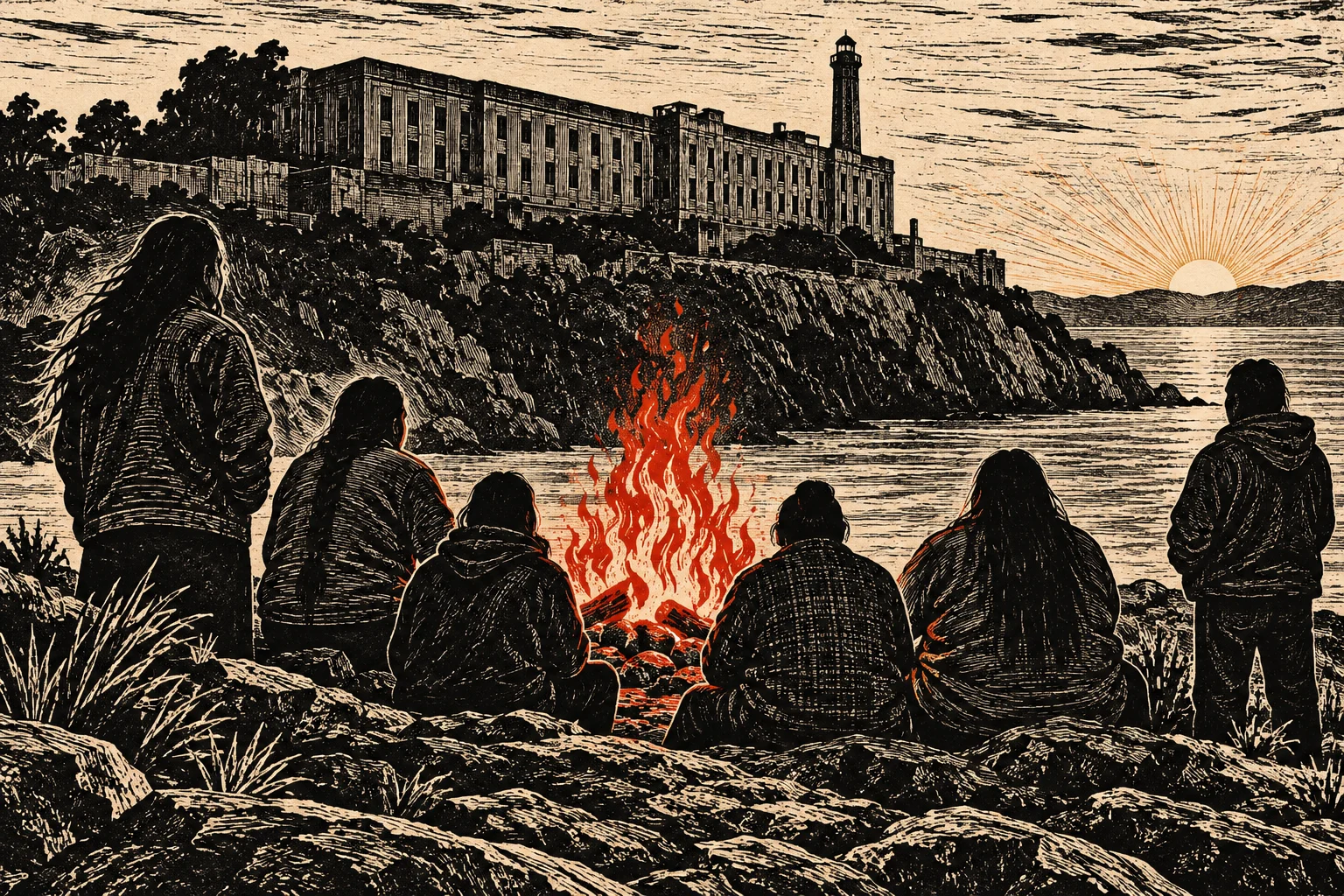Six people gather around a bonfire on a rocky shore, facing a large prison complex across the water as the sun sets.