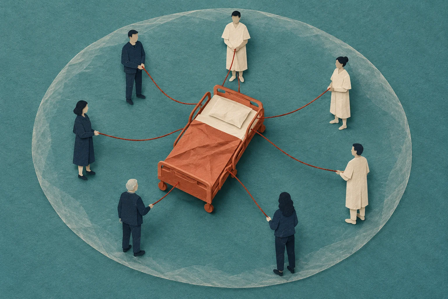 Seven people encircle an empty hospital bed, each holding a red cord connected to it, within a translucent circular boundary on a teal background.