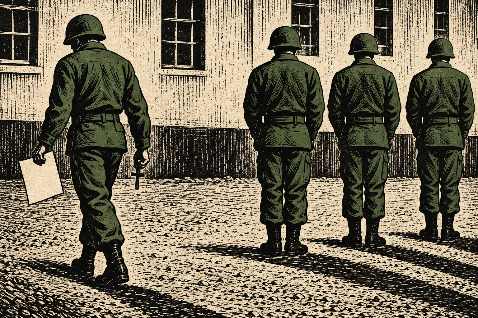 Four helmeted soldiers seen from behind stand or walk across a cobblestone courtyard, with the leftmost carrying a blank sheet and a cross.