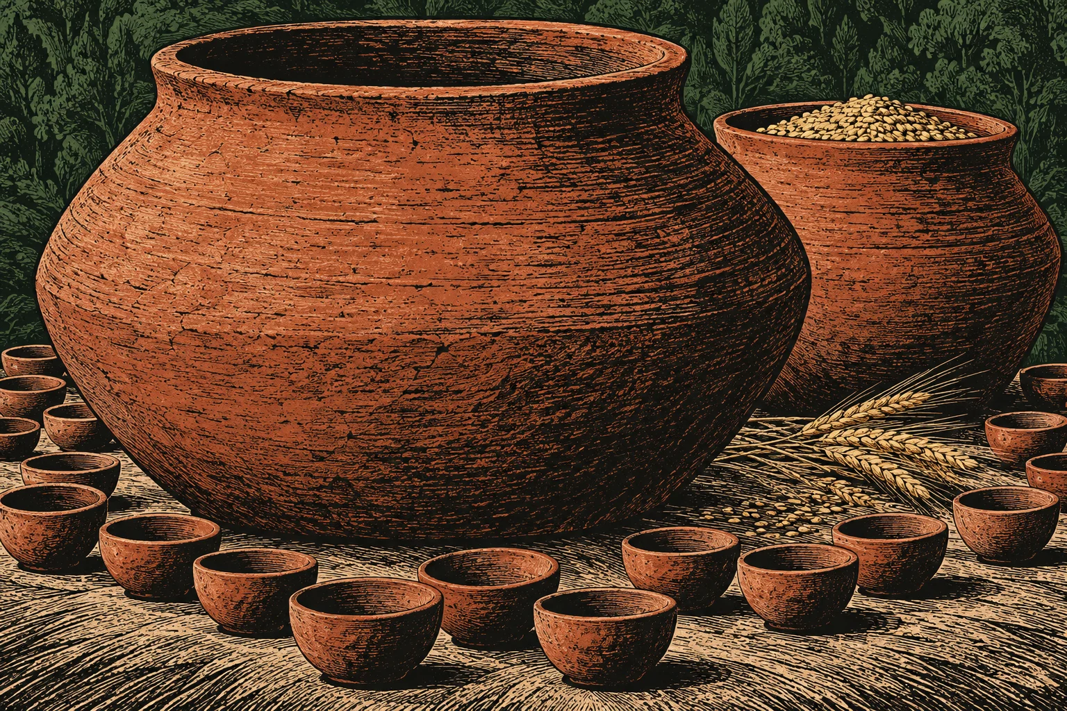 Two large terracotta storage jars stand among small clay bowls, wheat stalks, and scattered grain against a dark leafy background in a woodcut-style illustration.