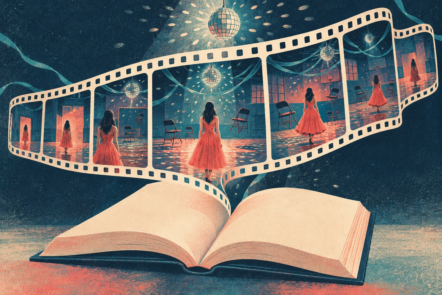An open book unfurls into a curling filmstrip showing a woman in a coral dress beneath disco balls in a dim, empty dance hall.