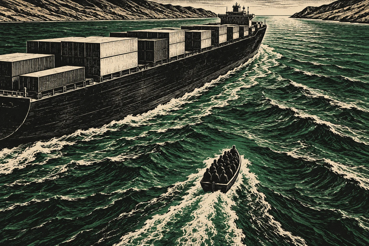 A woodcut-style scene shows a large container ship passing a small boat crowded with people amid rough green seas and rocky shores.