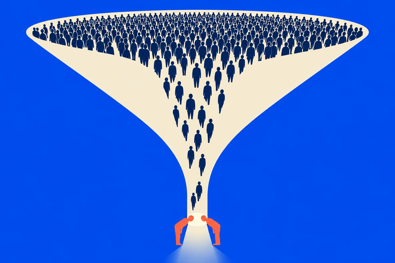 Hundreds of dark blue people crowd a wide funnel narrowing toward an exit, where two orange figures stand on either side against a bright blue background.