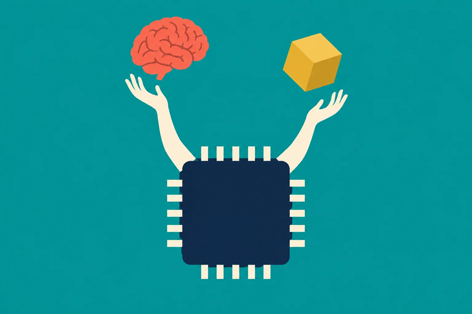 A microchip with two human arms holds a brain above one hand and a yellow cube above the other against a teal background.
