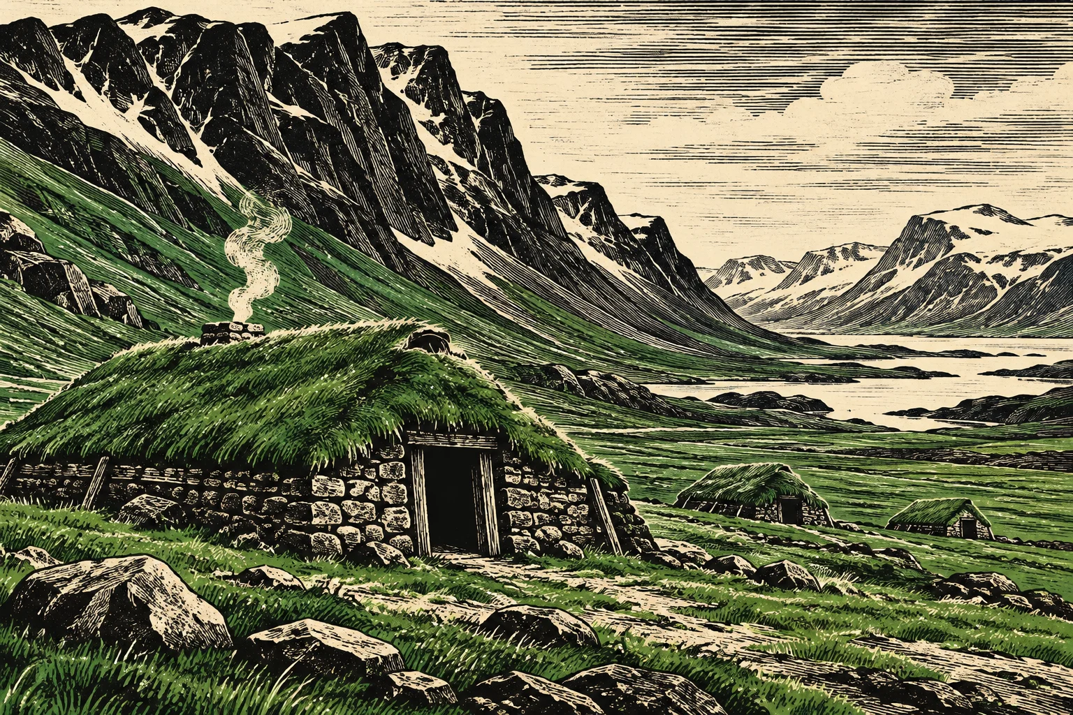 Grass-roofed stone cottages sit in a rocky green valley beneath steep snow-streaked mountains, with chimney smoke rising and water visible in the distance.
