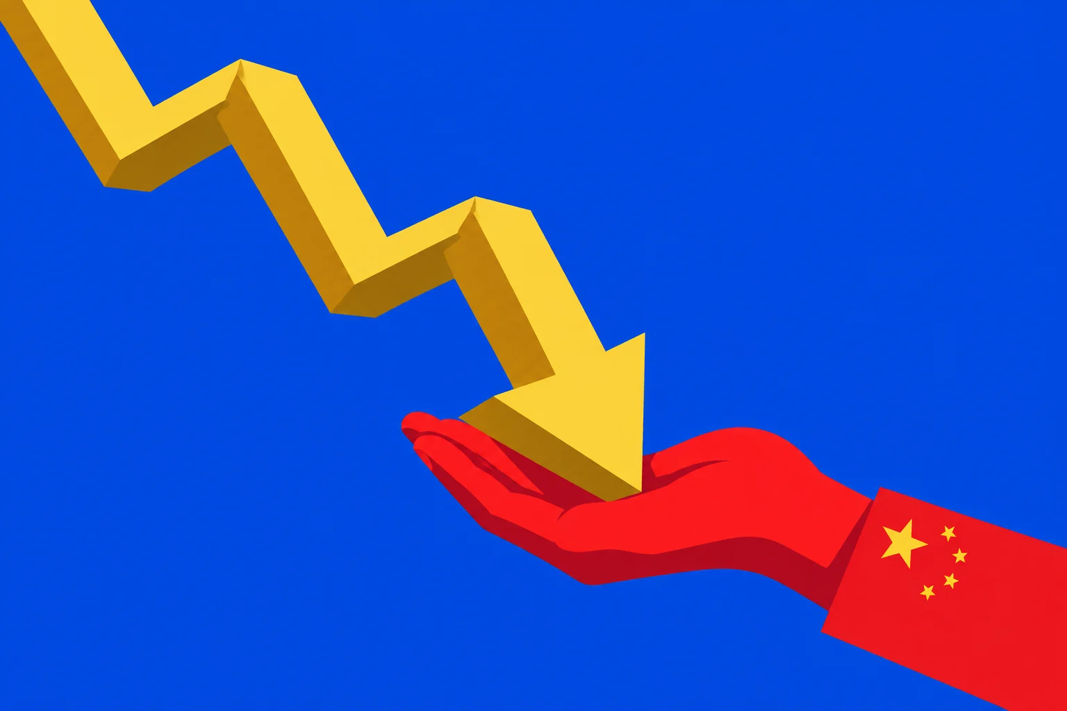A yellow zigzag arrow points downward into a red hand with Chinese flag stars on its cuff against a blue background.