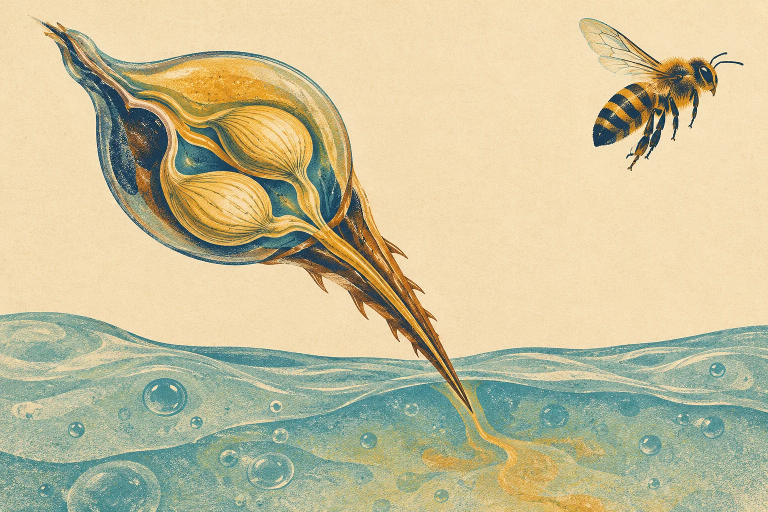 A vintage-style illustration shows a cutaway bee stinger releasing golden venom into blue tissue, with a flying bee in the upper right.