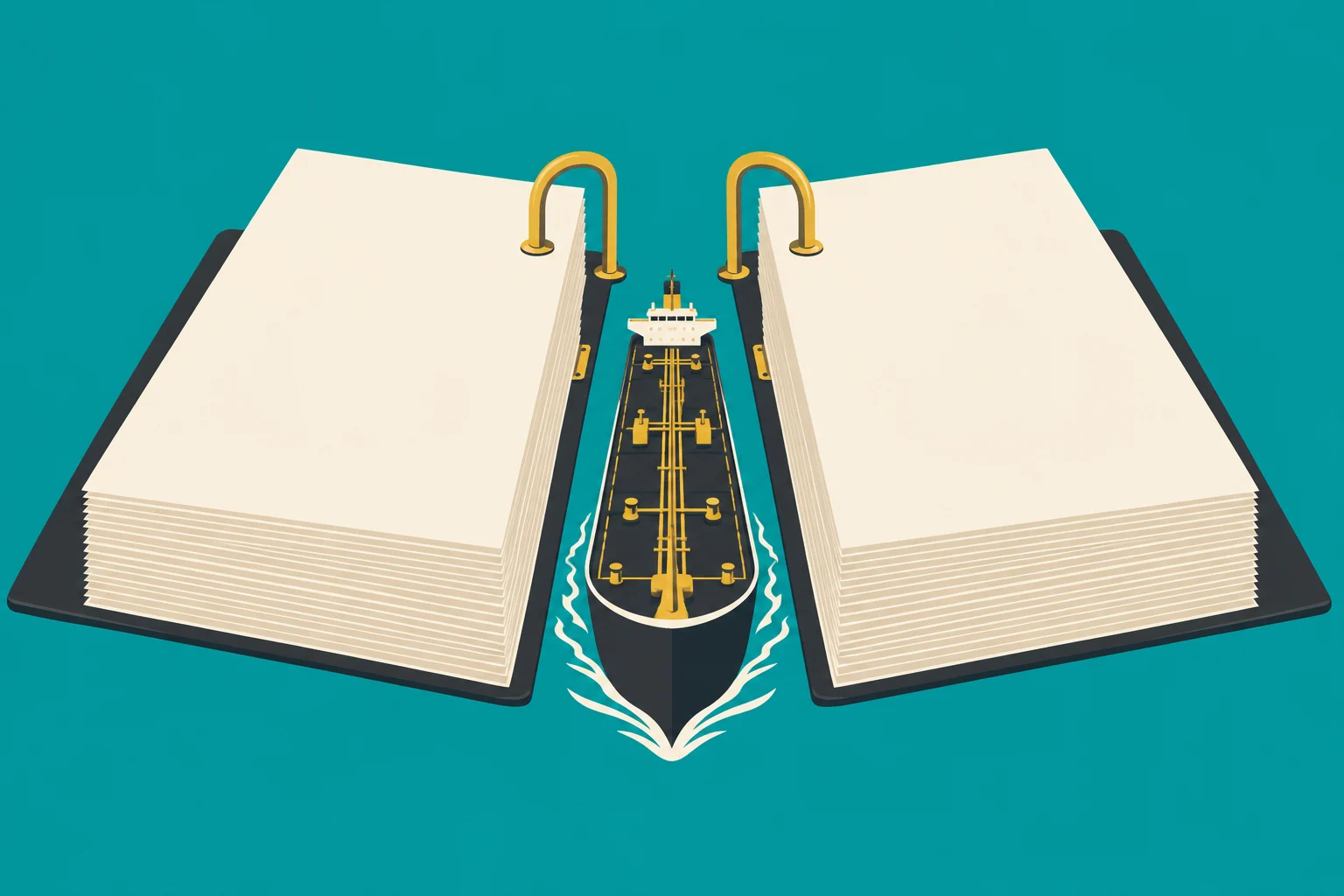 A cargo ship sails through the center of an open ring binder with blank cream pages, golden rings, and a teal background.