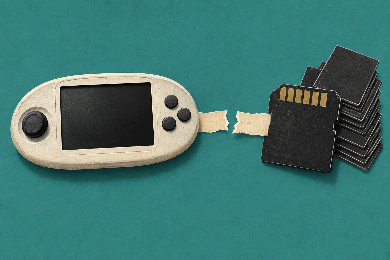 A beige handheld game console and a stack of black memory cards sit on a teal background, connected by a torn strip of paper.