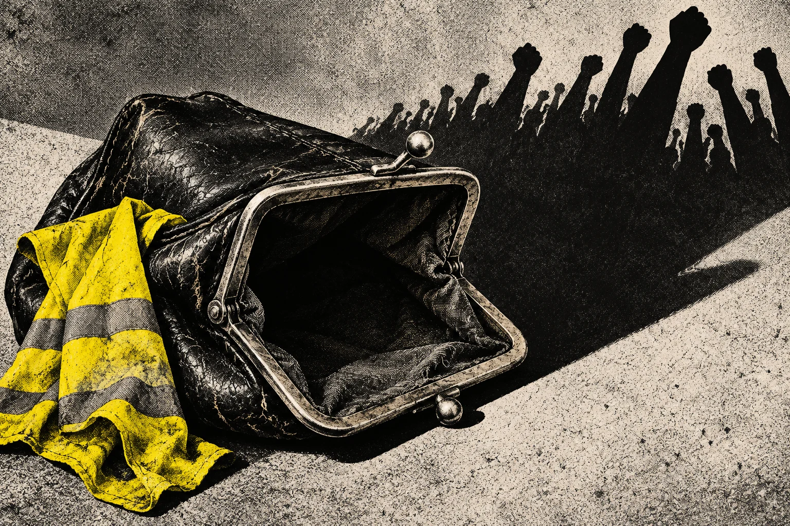 An empty black coin purse lies beside a yellow reflective vest, casting a shadow shaped like a crowd raising clenched fists.