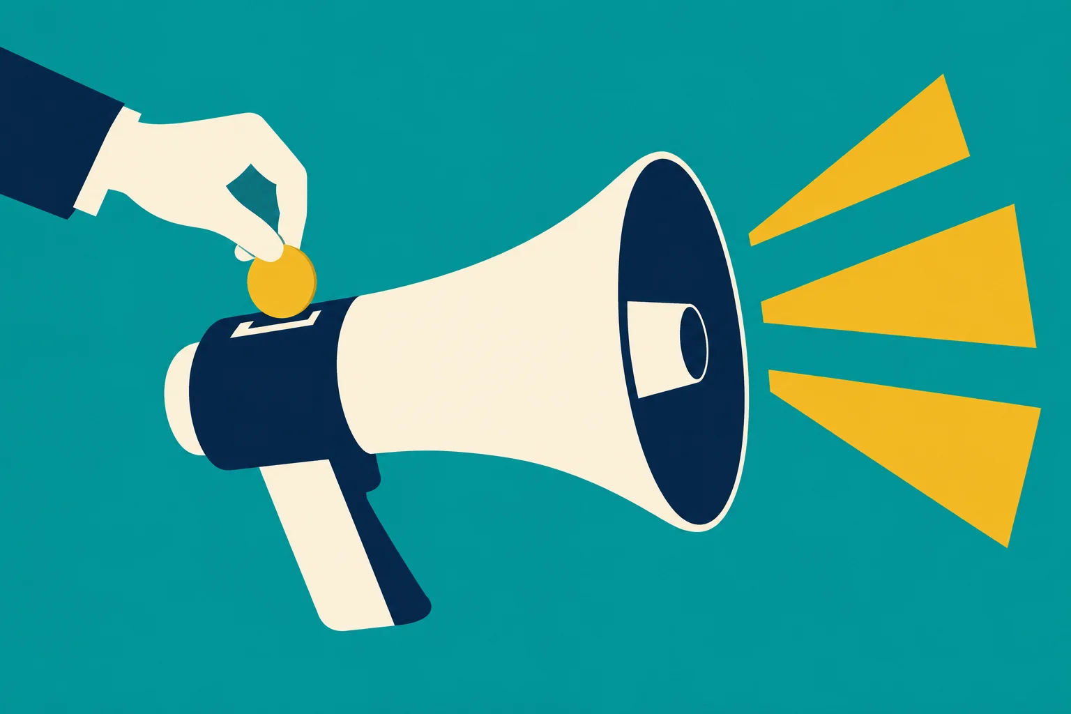 A hand inserts a gold coin into a navy and cream megaphone, with three yellow sound rays against a teal background.