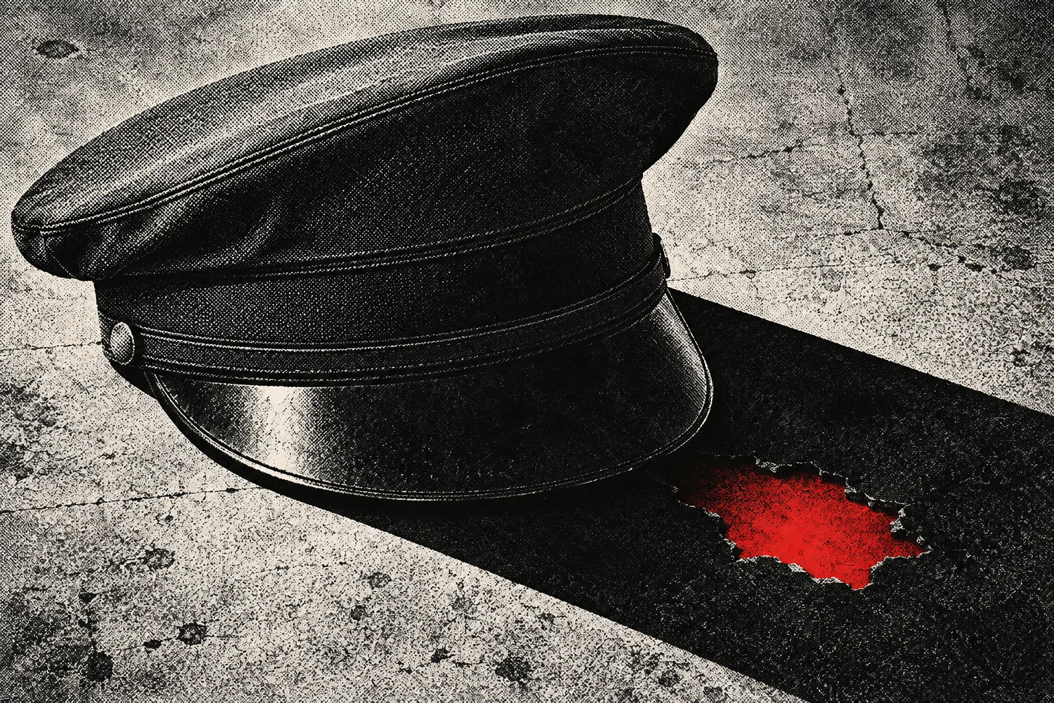 A black peaked cap rests on cracked, textured ground, casting a long dark shadow with a bright red patch near its end.