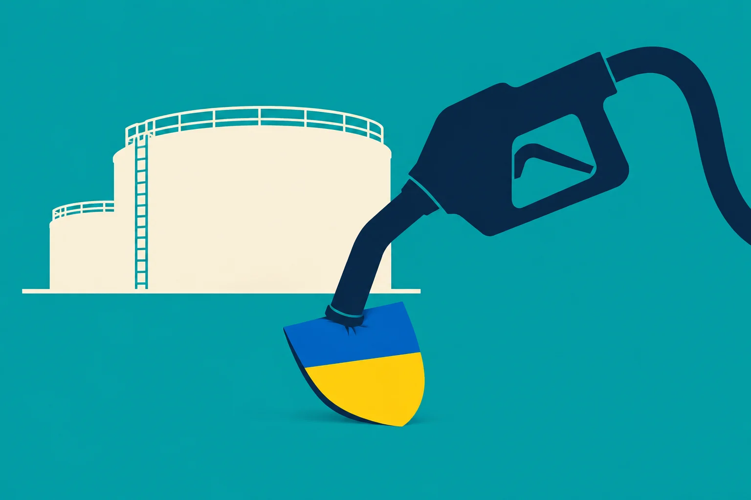A dark blue fuel nozzle points into a blue-and-yellow shield in front of cream-colored oil storage tanks against a teal background.
