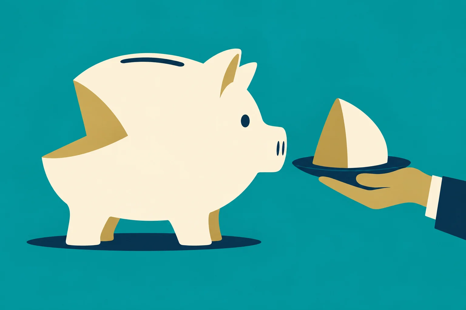 A cream-colored piggy bank with a wedge missing faces a hand holding a plate with a matching wedge against a teal background.