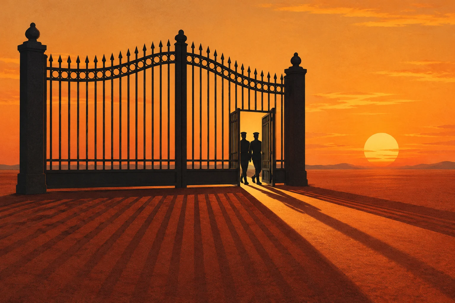 Two silhouetted people walk through a small opening in a towering iron gate, casting long shadows across a desert beneath an orange sunset.