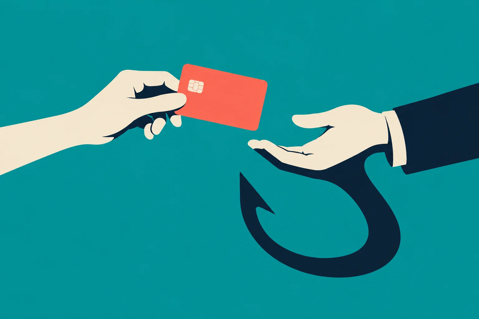 One hand offers a red credit card to an outstretched hand in a dark suit, whose shadow forms a devil’s tail against a teal background.